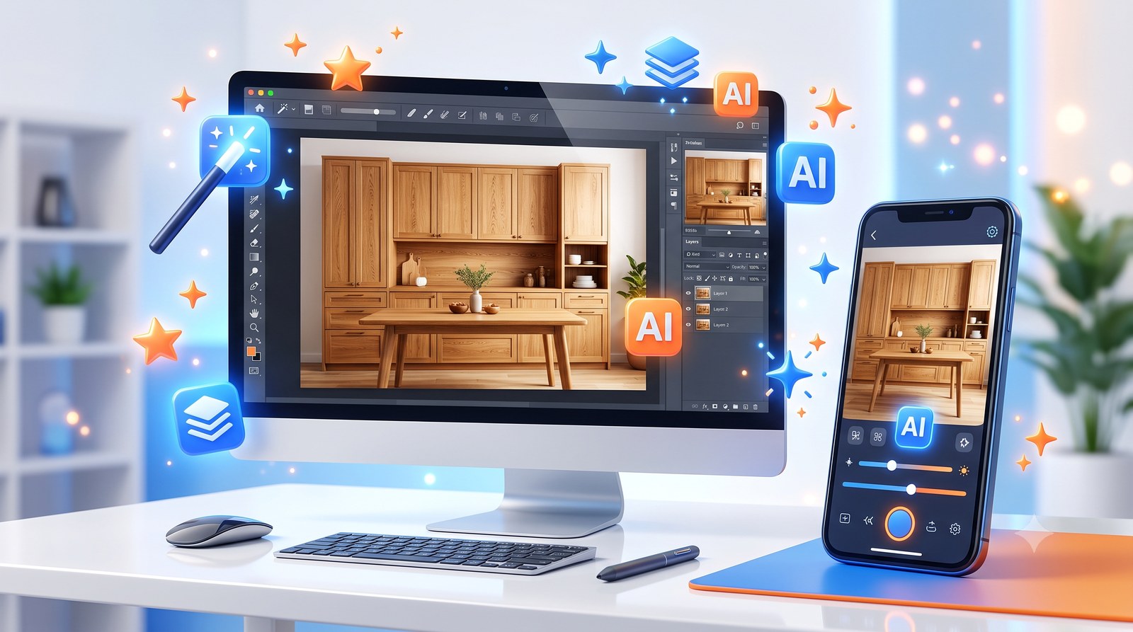 Lộ trình học Photoshop + AI — chỉnh ảnh sản phẩm nội thất gỗ